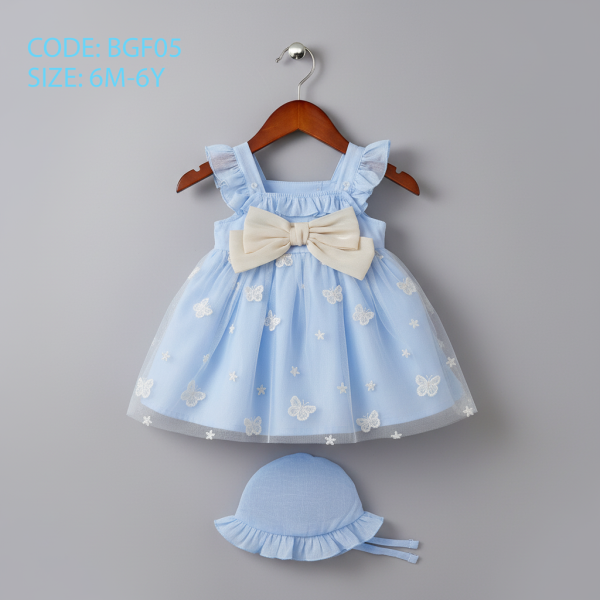Sky Blue Baby Frock with Hat – Butterfly Embroidery