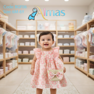 Pink Floral Baby Frock with Bag – Stylish Party Wear